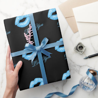 Blue Lipstick Kisses Wrapping Paper