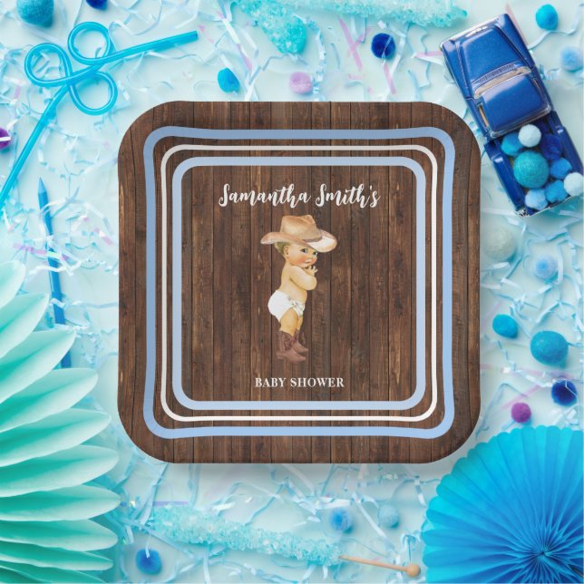 Blue Little Baby Cowboy Western Baby Shower Paper Plates (Party)