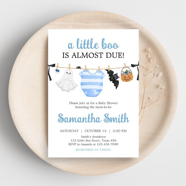 Blue Little Boo Baby Shower Invitation (Boy Little Boo Halloween Clothesline Baby Shower Invitation)