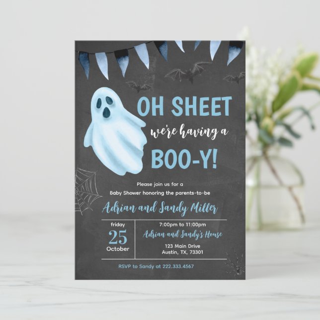 Blue Little Boo Baby Shower Invitation (Standing Front)