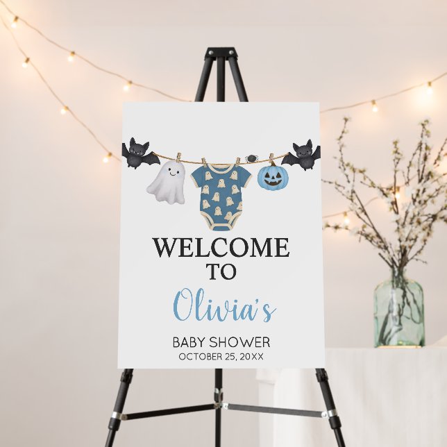 Blue Little Boo Clothesline Baby Welcome Sign (In Situ (Stand))