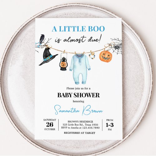 Blue Little Boo Halloween Baby Shower Invitation