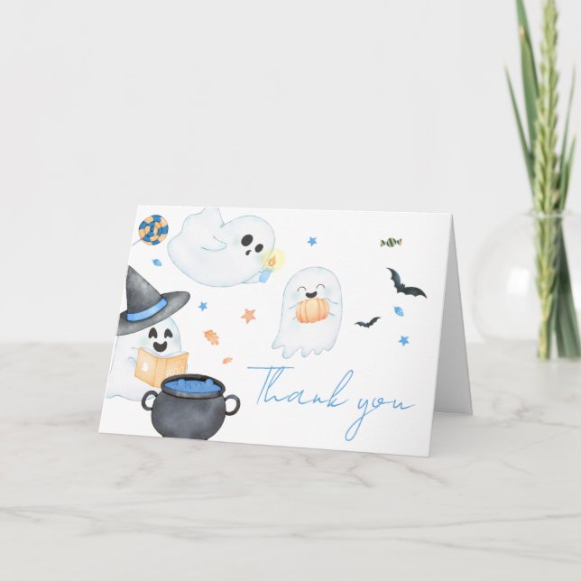 Blue Little Boo Halloween Baby Shower Thank You Card (Front)