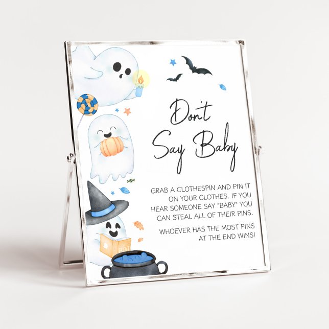 Blue Little Boo Halloween Don't Say Baby Poster (Blue Little Boo Baby Shower Don't Say Baby Sign)