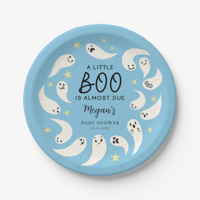 Blue Little Boo October Baby Shower Paper Plates (Front)