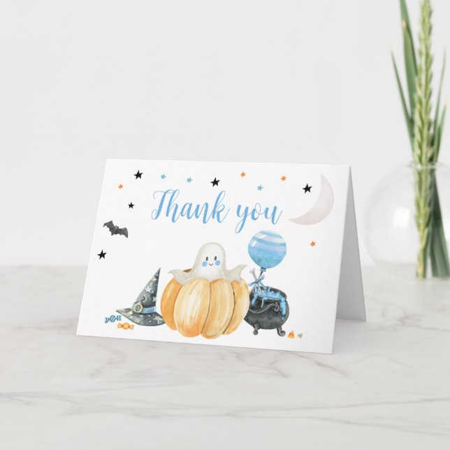 Blue Little Boo Pumpkin Halloween Baby Shower Thank You Card (Front)