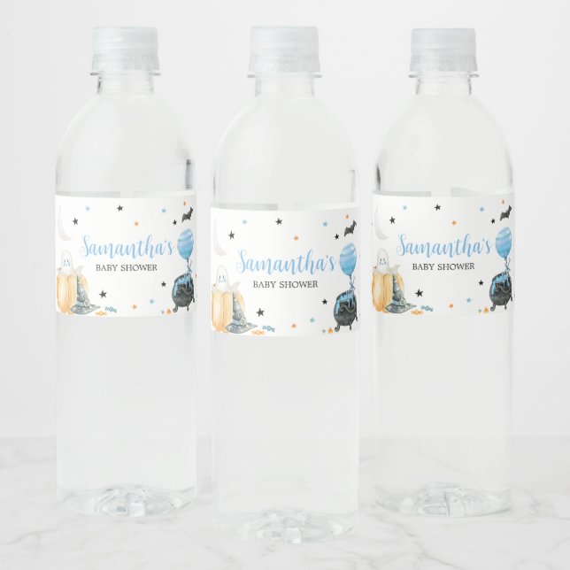 Blue Little Boo Pumpkin Halloween Baby Shower Water Bottle Label (Bottles)