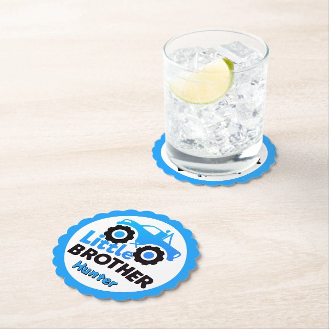 Blue Little Brother Monster Truck Custom Name Paper Coaster (Insitu)