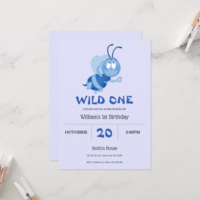 Blue Little Bumblebee 1st Birthday Invitation (Front/Back In Situ)