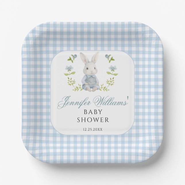 Blue Little Bunny Boy Gingham Boho Baby Shower Paper Plates (Front)