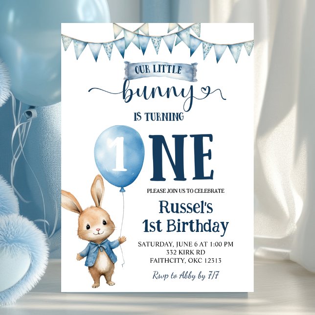 Blue Little Bunny First Birthday Invitation (Creator Uploaded)