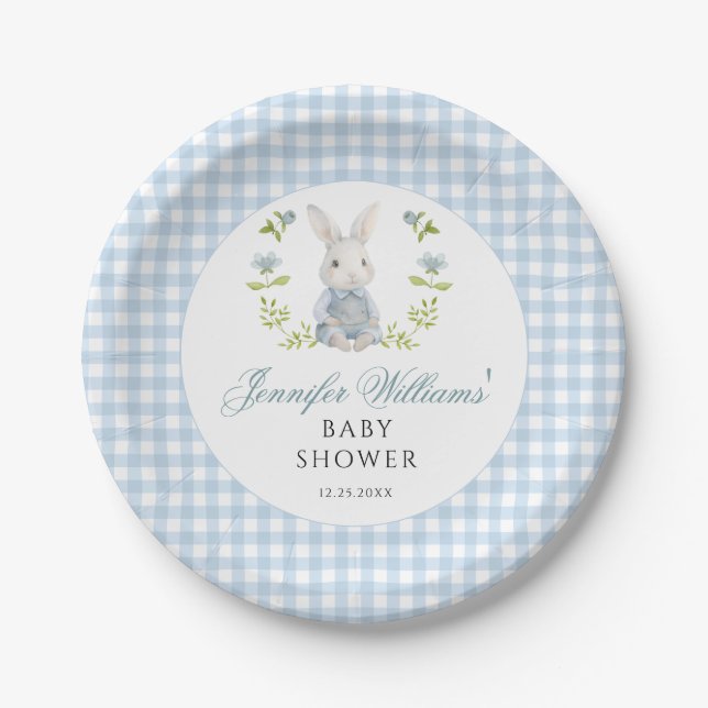 Blue Little Bunny Gingham Spring Baby Boy Shower Paper Plates (Front)