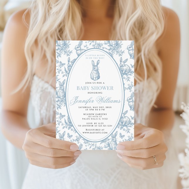Blue Little Bunny Spring Easter Toile Baby Shower Invitation (Creator Uploaded)