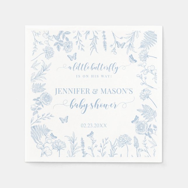 Blue little butterfly elegant baby boy shower napkins (Front)