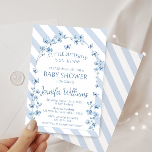 Blue little butterfly floral baby boy shower invitation