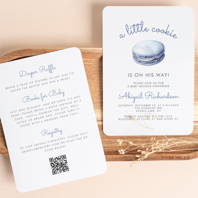 Blue Little Cookie Macaron QR Code Boy Baby Shower Invitation (Creator Uploaded)