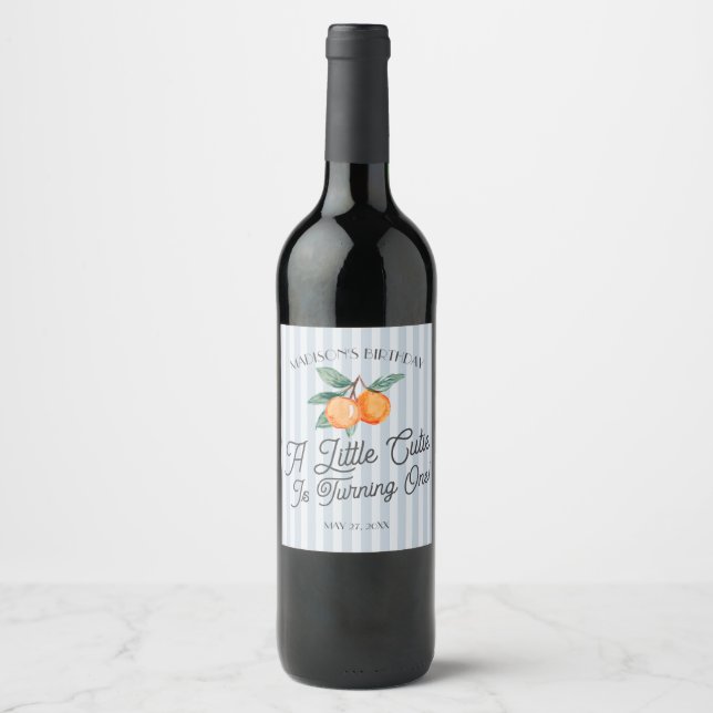 Blue Little Cutie Citrus Baby Shower Favor Wine Label (Front)