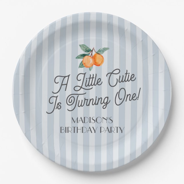 Blue Little Cutie Pastel Citrus Birthday Party Paper Plates (Front)