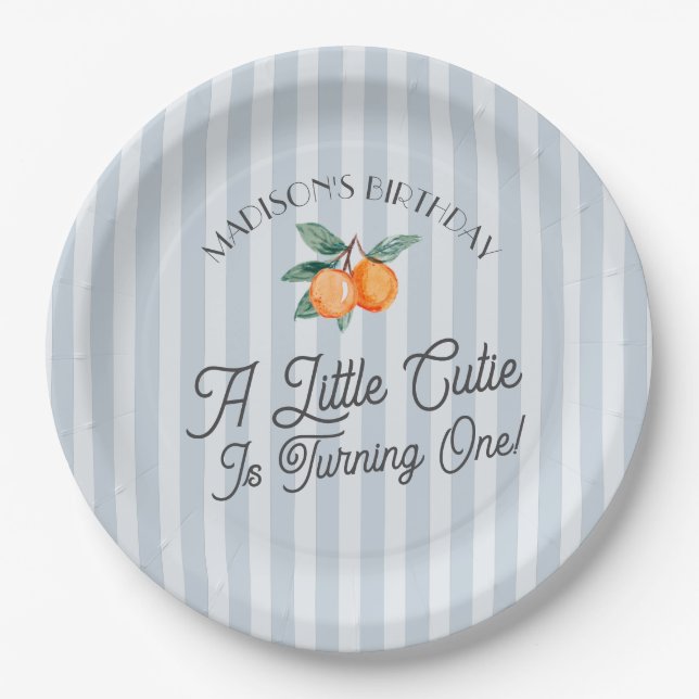 Blue Little Cutie Pastel Citrus Birthday Party Paper Plates (Front)