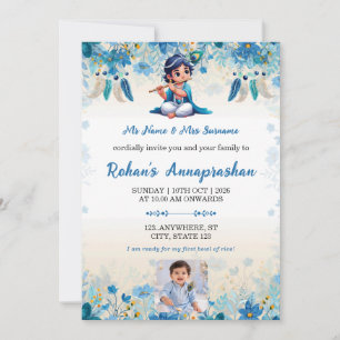 Blue Little Krishna Annaprashan Photo Invitation