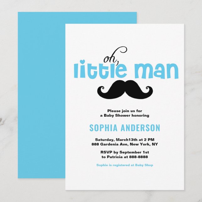 Blue Little Man Mustache Baby Shower Invitation (Front/Back)