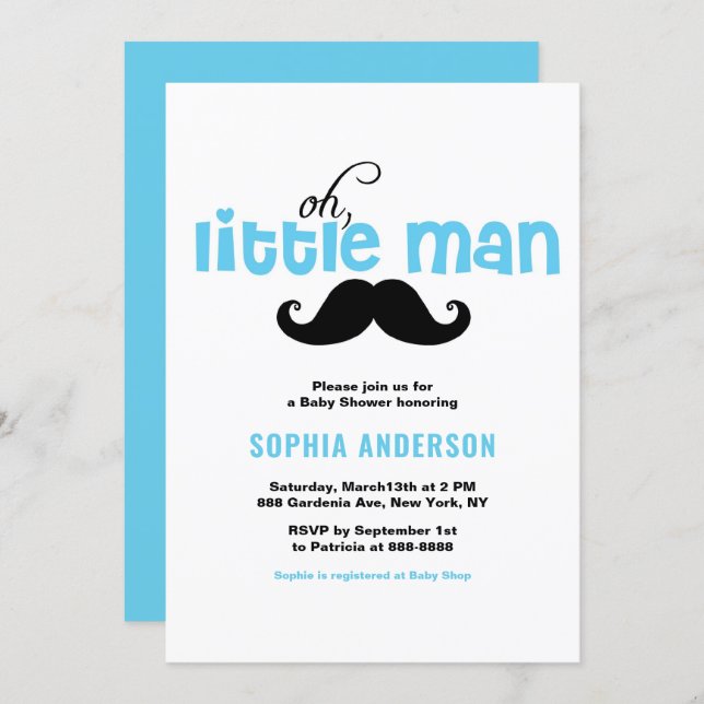 Blue Little Man Mustache Baby Shower Invitation (Front/Back)