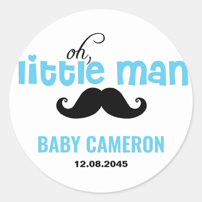 Blue Little Man Mustache Baby Shower Sticker (Front)