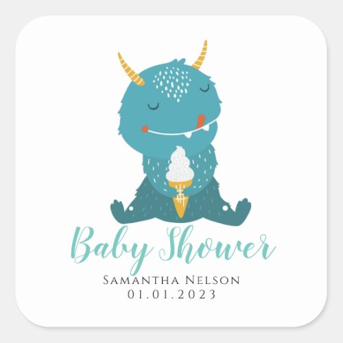 Blue Little Monster baby shower Classic Round Stic Square Sticker