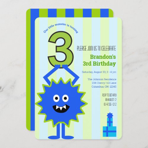  Blue Little Monster Boy 3rd Birthday Fun Cute Invitation