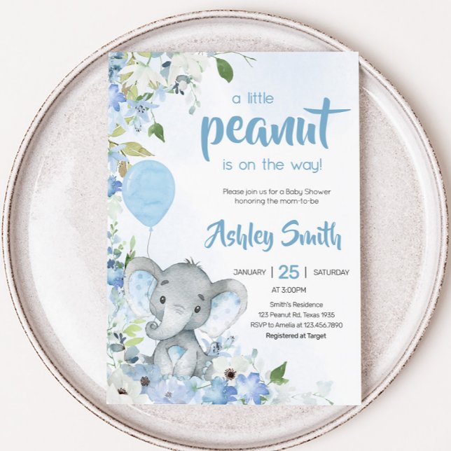 Blue Little Peanut Elephant Baby Shower Invitation (Little Peanut Blue Elephant Baby Shower Invitation)
