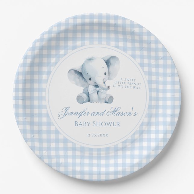 Blue Little Peanut Elephant Bow Baby Boy Shower Paper Plates (Front)