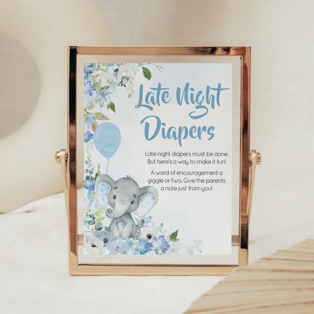 Blue Little Peanut Elephant Late Night Diapers Poster (Blue Elephant Little Peanut Baby Shower Late Night Diapers Sign)