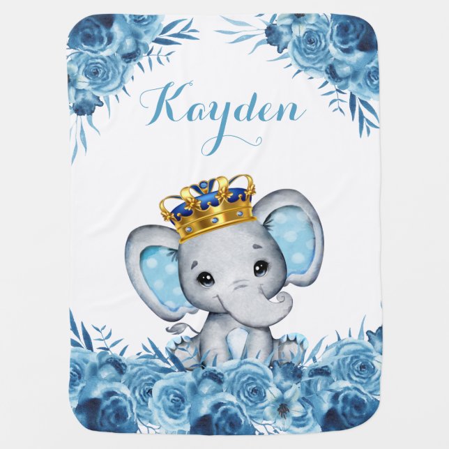 Blue Little Prince Floral Elephant Baby Blanket (Front)