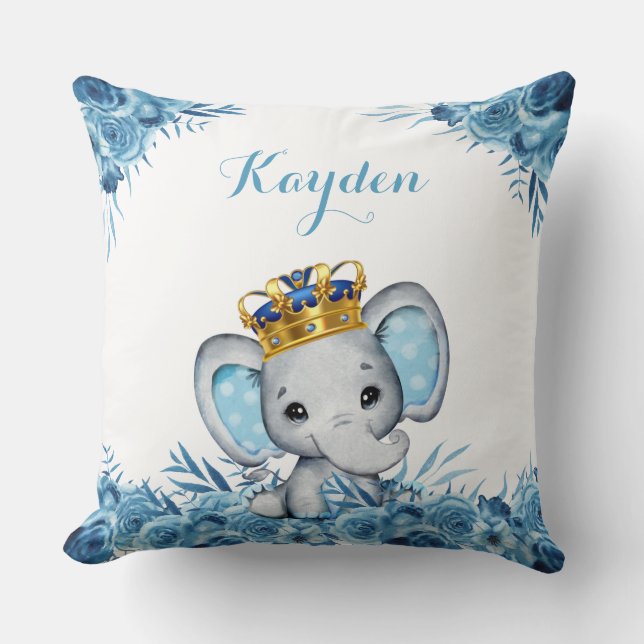 Blue Little Prince Floral Elephant Baby  Throw Pillow (Front)