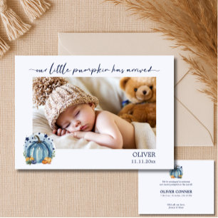 Blue Little Pumpkin Baby Boy Photo Announcement