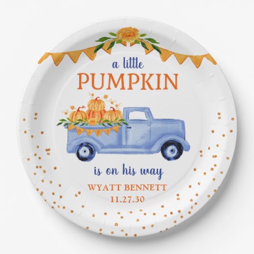 Blue Little Pumpkin Baby Shower Paper Plate