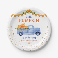 Blue Little Pumpkin Baby Shower Paper Plate