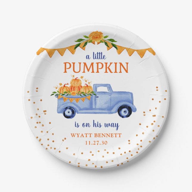 Blue Little Pumpkin Baby Shower Paper Plate (Front)
