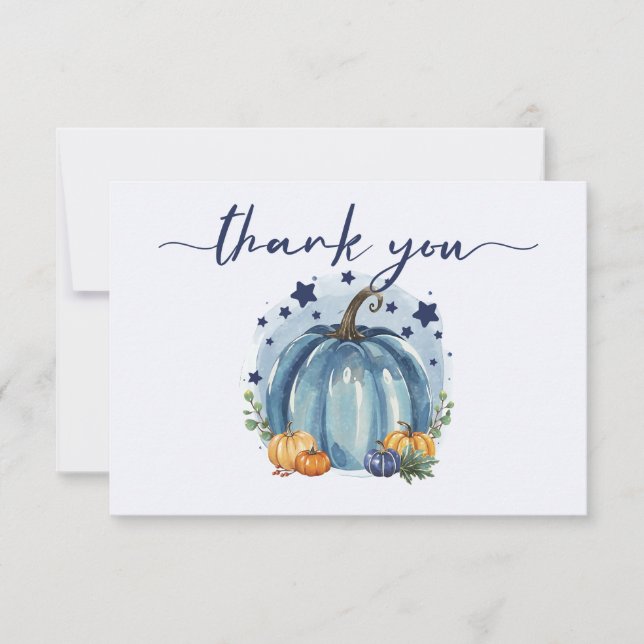 Blue Little Pumpkin Boy Baby Shower Thank You Card (Front)