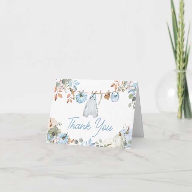 Blue Little Pumpkin Fall Autumn Baby Shower  Thank You Card (Front)