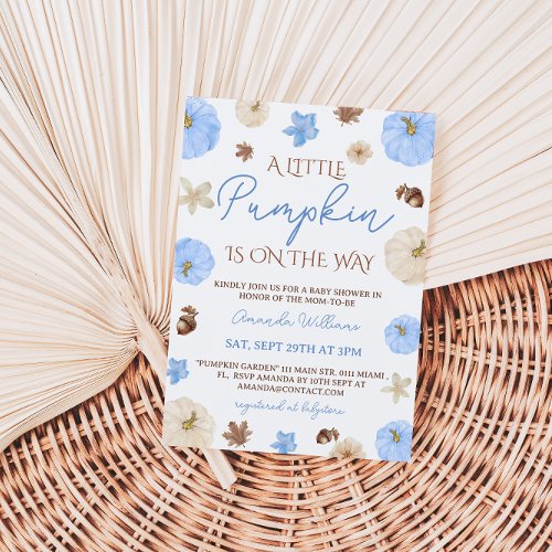 Blue Little Pumpkin Fall Baby Shower Invitation