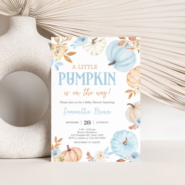 Blue Little Pumpkin Fall Baby Shower Invitation (Boy Little Pumpkin Fall Baby Shower Invitation)