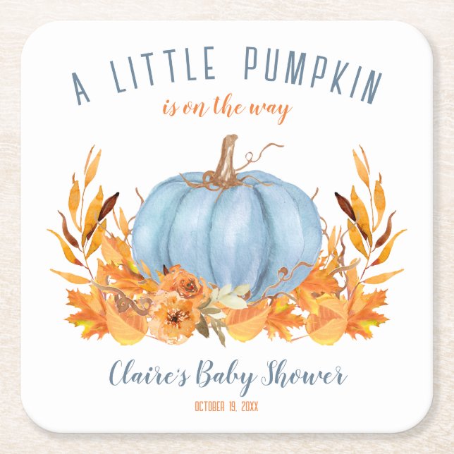 Blue Little Pumpkin Fall Boy Baby Shower Square Paper Coaster (Front)