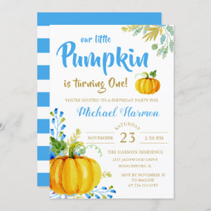 Blue Little Pumpkin Fall Boy Birthday Invitation
