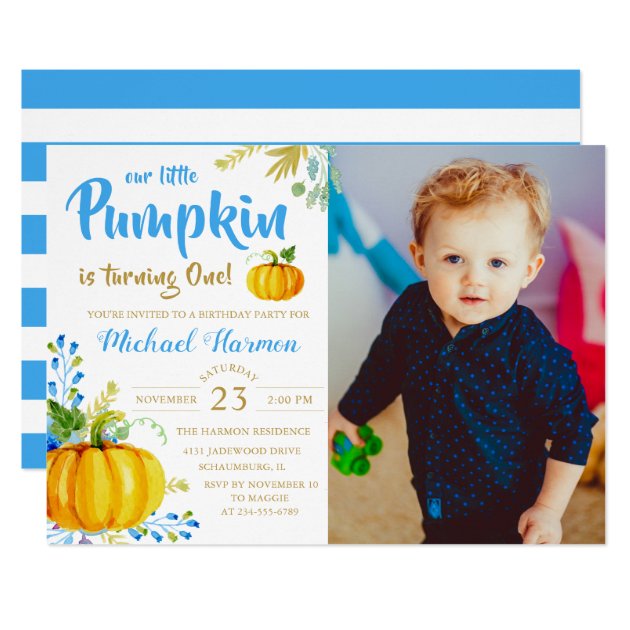 Blue Little Pumpkin Fall Boy Birthday Photo Invitation
