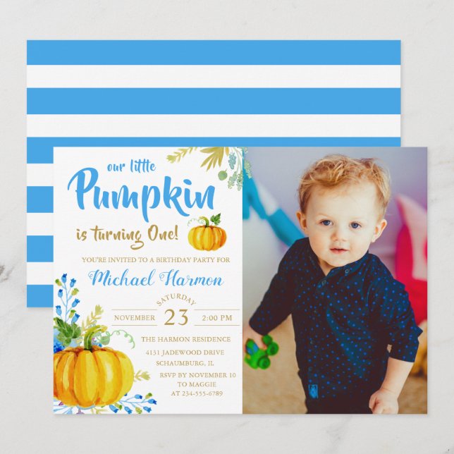 Blue Little Pumpkin Fall Boy Birthday Photo Invitation (Front/Back)