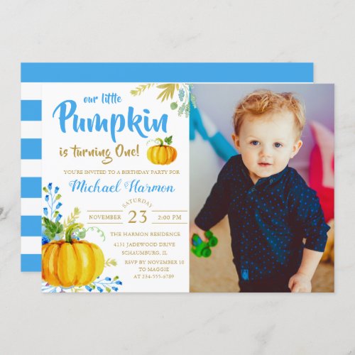 Blue Little Pumpkin Fall Boy Birthday Photo Invitation