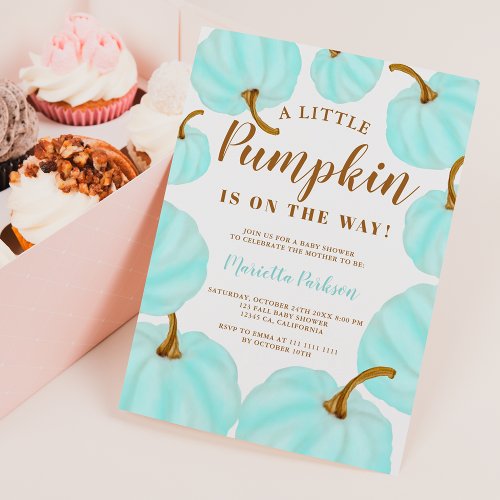 Blue Little pumpkin fall script baby shower Invitation