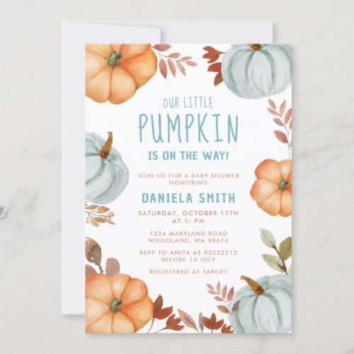 Blue Little Pumpkin Is On The Way Boy Baby Shower Invitation