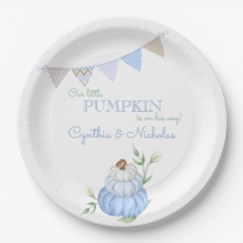 Blue Little Pumpkin Patch Boy Baby Shower Paper Plates by nawnibelles at Zazzle